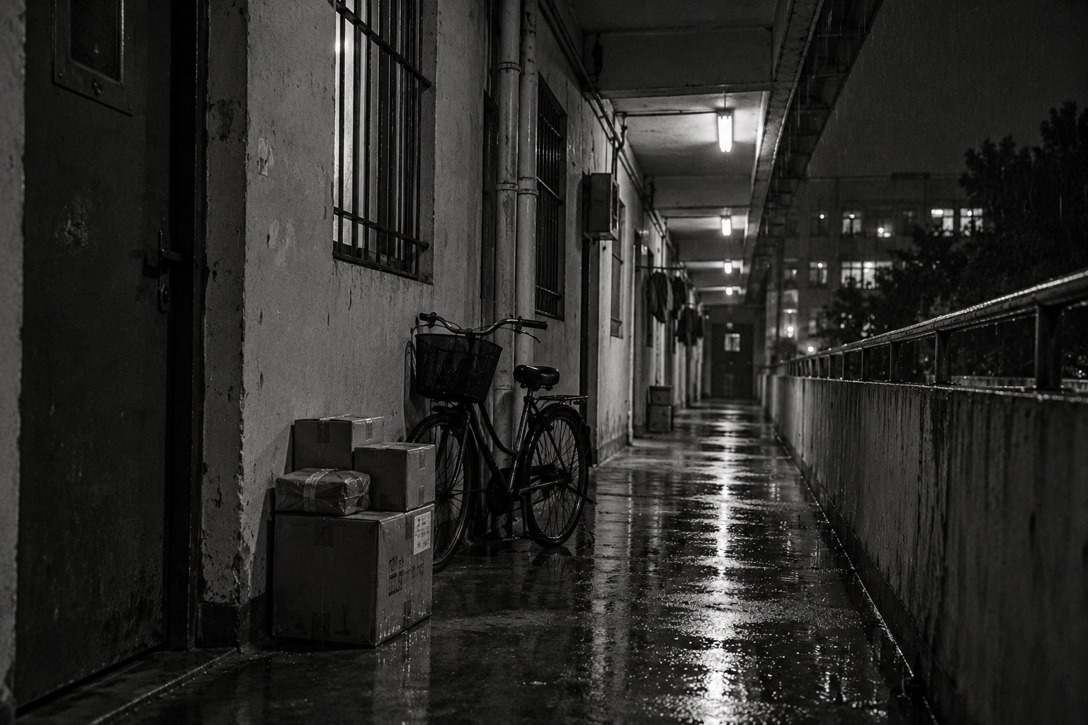 宿舍走廊里的自行车和快递包裹，象征校园跑腿