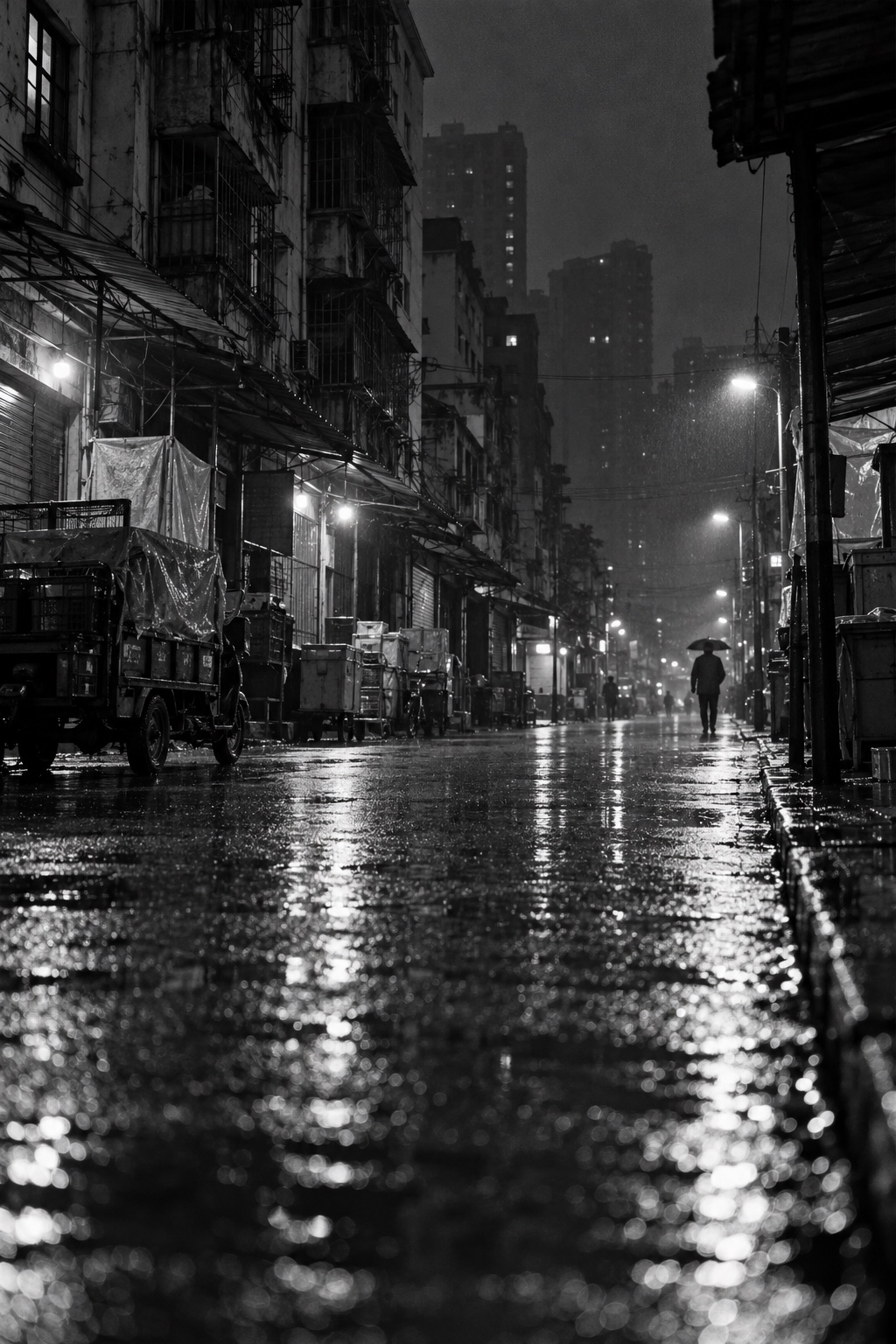 雨夜中的城市街景，象征前往新城市